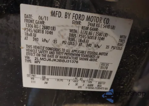 2011 Lincoln Mkx из США, поврежденный, VIN 2LMDJ6JK3BBJ31376